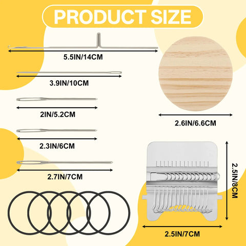 Product size chart for Mini Portable Patch Set With 50 Color Threads And Darning Loom Kit For Jeans And Socks.
