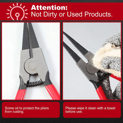 11 Inch Lock Ring Pliers with Anti Slip Plastisol Grips showing oil protection and cleaning instructions before use.