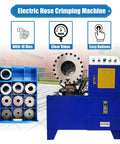 Rock Solid Electric Hose Crimping Machine With Ten Swappable Dies For Hydraulics And Steel Tubes Quick Change Design, showing control panel and dies.