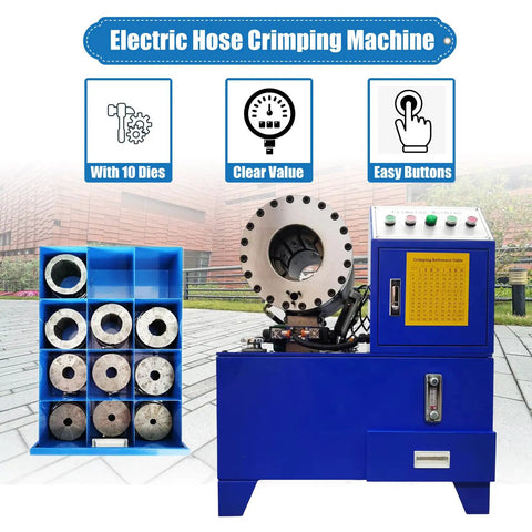 Rock Solid Electric Hose Crimping Machine With Ten Swappable Dies For Hydraulics And Steel Tubes Quick Change Design, showing control panel and dies.