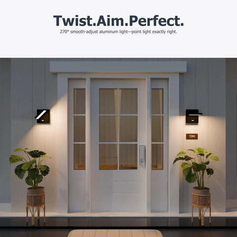 Motion Sensor Outdoor Wall Light With Adjustable Swivel Lamp Head LED Exterior Porch Light next to white door, illuminating entrance.