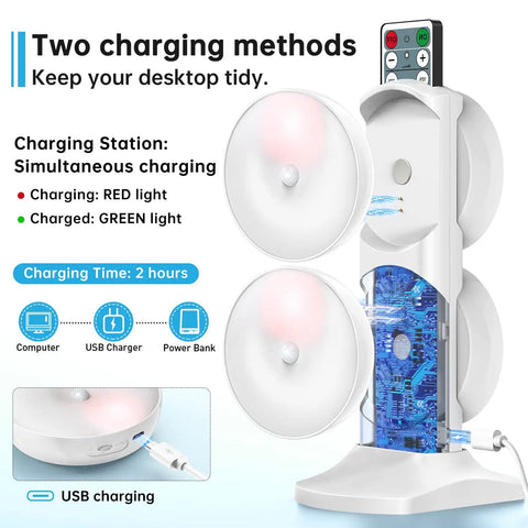 Puck Lights With Charging Station 4 Pack, Motion Sensor Under Cabinet Closet Lighting, Rechargeable USB Charging, display
