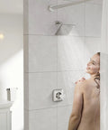 Bathroom with installed Brushed Nickel Shower Valve Trim Kit With Lever Handle And Temperature Indicator, Brass Escutcheon