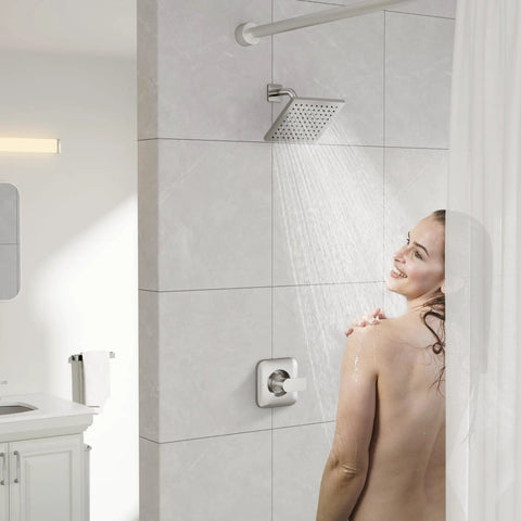 Bathroom with installed Brushed Nickel Shower Valve Trim Kit With Lever Handle And Temperature Indicator, Brass Escutcheon