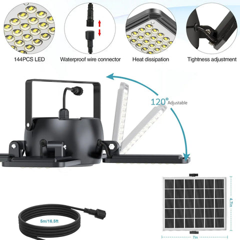 Solar Motion Sensor Shed Light With 4 Heads 144 LEDs 1200 Lumens Outdoor Indoor IP65 Waterproof Remote 5 Lighting Modes