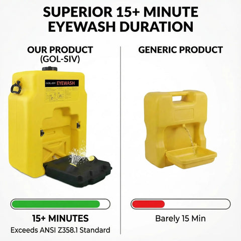 14 Gallon OSHA Approved Eye Wash Station side by side with a generic product, highlighting 15-minute eyewash duration.