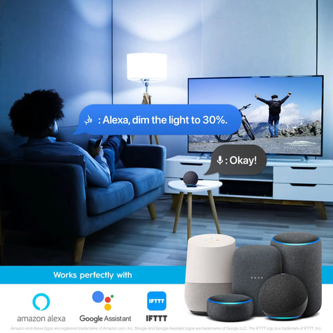 Smart LED Bulbs 2 Pack With WiFi 2.4GHz And Bluetooth 5.0 controlling lights with Alexa in living room setup