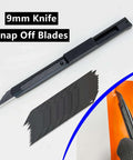 Front view of Umaki automotive vinyl wrap tools kit: black 9mm snap-off utility knife with replaceable blades and blade strips