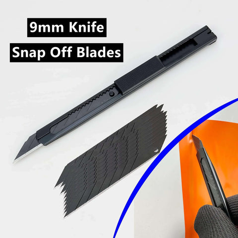 Front view of Umaki automotive vinyl wrap tools kit: black 9mm snap-off utility knife with replaceable blades and blade strips