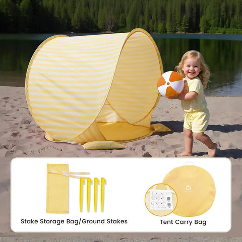 Child playing near Pop Up Baby Beach Tent With 2026 Upgraded UV Protection Lightweight Portable Sun Shelter on sandy beach.