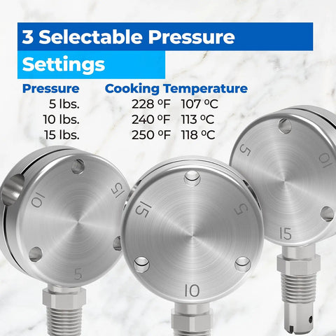 Pressure Regulator Weight And Vent Pipe Replacement Kit For Large Capacity Pressure Cookers And Canners Compatible With 10.5 To 41.5 Quart Models 910 915 921 925 930 941 showing three selectable pressure settings on silver regulator weights.
