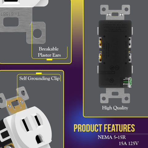 10 Pack Duplex Wall Outlet 15 Amp Electrical Receptacle White Durable Polycarbonate Thermoplastic Body With Impact Resistant Cover Great For Homes Apartments Condos And Commercial Settings In Offices Hotels And Restaurants. rear view with self grounding clip