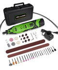 Straight Up Powerhouse 12V Cordless Rotary Tool With Keyless Chuck And Flex Shaft, 6 Speed Grinder Hits Up To 32000Rpm, 119 Piece Accessory Kit laid out with battery and charger.