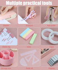 Pink Desk Accessories Set with rotating pen holder, stapler, tape dispenser, binder clips, paper clips, scissors, and refills