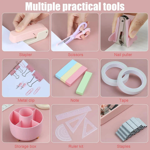 Pink Desk Accessories Set with rotating pen holder, stapler, tape dispenser, binder clips, paper clips, scissors, and refills