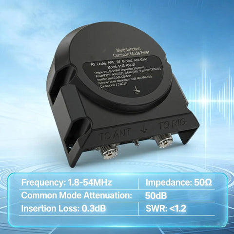 Heavy Duty 1000W 3 In 1 Shortwave Common Mode Filter For Outdoor Ham Radio Waterproof with specs overlay