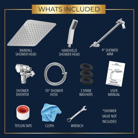 10 Inch Dual Square Rain Shower Head With Handheld Wand And 71 Inch Hose Set High Pressure Shower Head Combo contents diagram