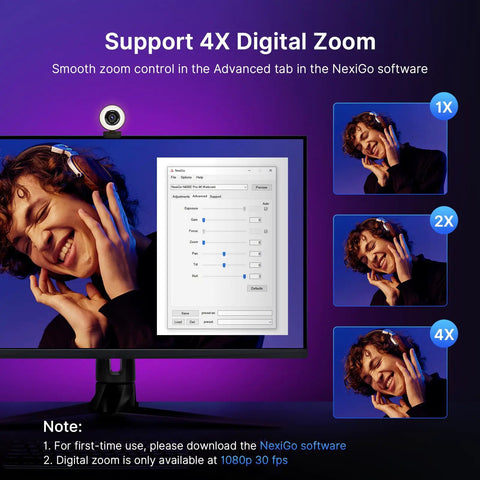 Crush Your Setup With This Top Tier 4K Webcam Featuring A Bright Ring Light Smart Autofocus And Clean 1080p 60 Frames Per Second Video Dual Noise Canceling Mics Privacy Shutter Plus Straight Plug And Play Flow For Zoom Twitch And Daily Grind showing digital zoom controls and features on a computer screen.
