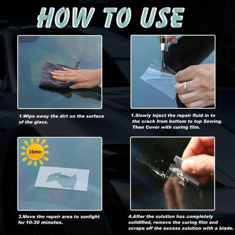 Steps to use Windshield Chip And Crack Repair Kit Quick Fix For Windshields Windows And Mirrors, Glass Repair Fluid For All Crack Types