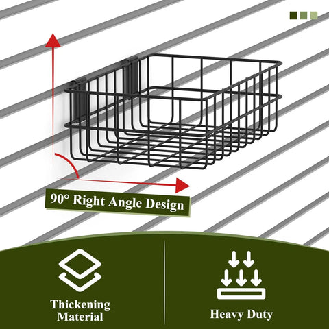 4 Pack Heavy Duty Slatwall Baskets Set For Garage And Shop Organization, installed view showing metal basket on slat wall