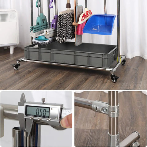 Floor Mounted Broom And Mop Holder Rack With Thick Rubber Clips Movable Cabinet Organizer For Garage Workshop And Kitchen Keeps Mop Drain Rack Handy And Easy Access Tool Corner Storage with metal frame and swivel wheels.
