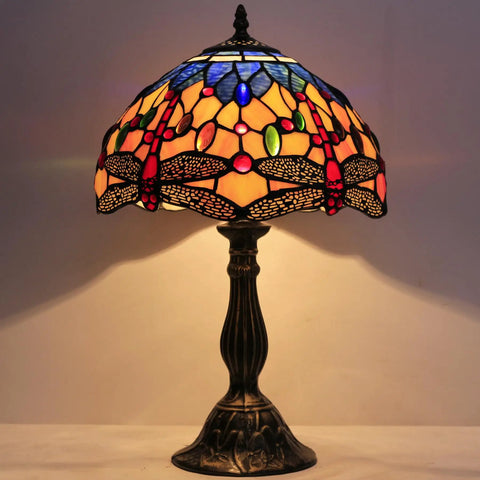 Tiffany Style Stained Glass Dragonfly Bedside Lamp With Orange And Blue Glass Shade 12x12x18 Inches 18 Inch Tall Table Light