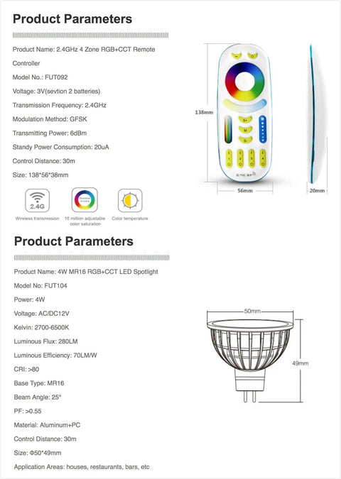 Specifications of MR16 Color Changing LED Spotlight 4 Watt 4 Pack RGB Plus CCT Kit With 4 Zone FUT092 Remote, spotlight and remote