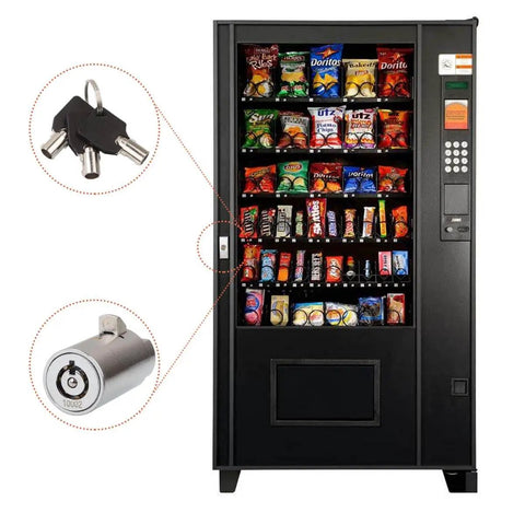 Image of a vending machine stocked with snacks, highlighting High Security Vending Machine Lock And Key Set Keyed Alike 5 Pack Tubular Locks For Coke, Pepsi, And Snack Machines ABuff Durable, Easy To Use Commercial Grade Security For Soda Machines.