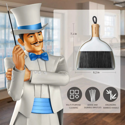 Grab And Go Mini Dustpan And Brush Set With Bamboo Handle, Portable Handheld Cleaning Kit displayed with detailed specs
