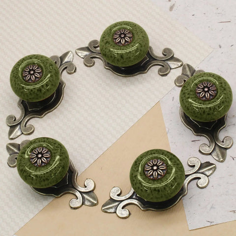 Fresh Green Cabinet Knobs With Vintage Tile Pattern Zinc Alloy Screw Back Hardware, ceramic knobs on decorative backplates.