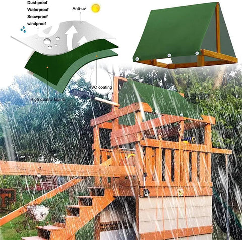 43 By 90 Inch Swing Set Canopy Replacement For Outdoor Playsets Waterproof UV Shield Sunshade Roof Snowproof Tarp Cover For Kids Playset Durable 600D Oxford With PVC Coating Easy To Install shown on wooden playset in rain