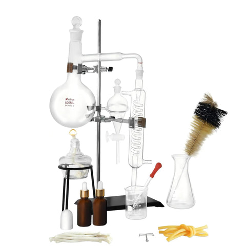 Home Distillation Kit With 3.3 Borosilicate Glass 15-Pc Set, 500ml Distiller for Making Essential Oils, Moonshine, and Lab-Grade Distillation Apparatus Bundle.