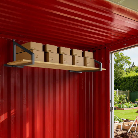 Heavy Duty 4 Pack Shipping Container Shelf Brackets Rock Solid Steel Rack Supports With Reinforced Stabilizer Bar For Garage Storage And Workshop Shelving. Black steel brackets supporting wooden shelf with boxes.
