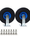 Heavy Duty Rubber Swivel Caster Wheels 8 Inch And 10 Inch Pack showing two rugged wheels with blue hubs and mounting hardware
