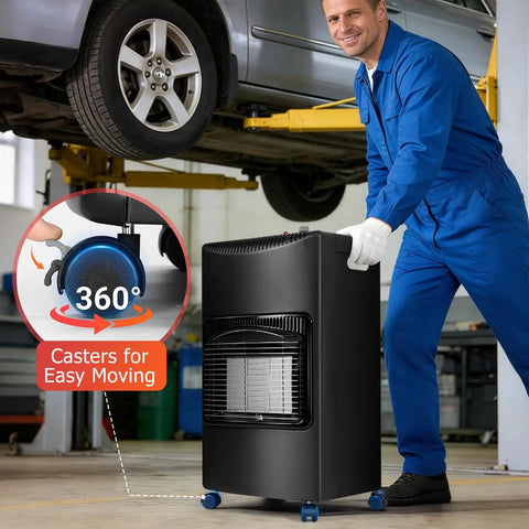 Technician moving a black heater with 360-degree casters in a garage; 18,000 BTU Foldable Propane Patio Heater With LP Regulator For Easy Warmth Anywhere Portable Outdoor Heater For Camping Garage Porch And Backyard Great For Cold Nights No Tools Required For Quick Setup In Any Outdoor Space