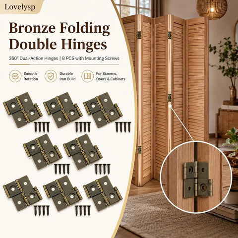 Heavy Duty Bronze Double Action Hinges Eight Pack With Mounting Screws showcasing 360° rotation and iron build in home setting.
