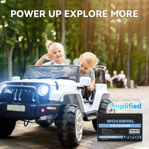 Kids ride a toy car powered by a 12V 7Ah LiFePO4 Deep Cycle Battery With Built In BMS Direct Replacement For 6FM7 SLA