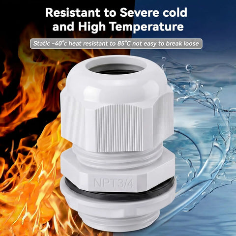 100 Pack 3/4 In NPT Grey Nylon Cable Gland Waterproof IP68 PA68 Adjustable Locknut Cord Grip with fire and water background