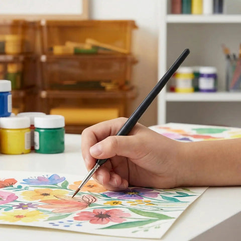 Hella Versatile 6 Piece Foam Painting Roller And Detail Brush Set For Art Projects Washable Craft Supplies That Make Creating With Crafters A Ridiculous Breeze Today, detail brush in hand painting colorful flowers.