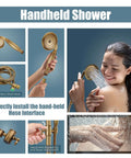 Woman using Antique Brass Shower Faucet Kit With Hand Spray And Tub Spout, 8 Inch Rain Shower Head, handheld mode showcased