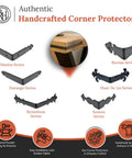 Authentic handcrafted corner protectors display, various designs for edges, crafted for tables and furniture reinforcement.