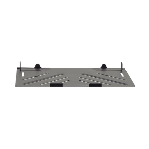 Flat Top Laptop Shelf For Mic Stands With Ventilated Design And Adjustable Tabs shown from front, flat metal tray