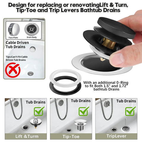 Hassle Free Snap Fit Universal Bathtub Drain Stopper, Pop Up Bath Plug With Matte Black Finish, Quick Swap Trim Kit for Lift Turn, Tip-Toe, Trip Lever.