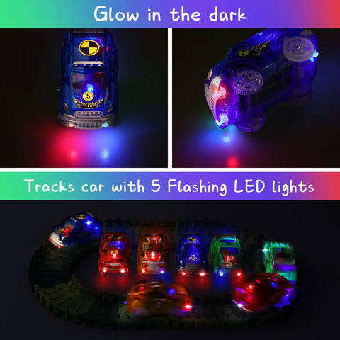 Glow In The Dark Track Cars 4 Pack Replacement Toys For Kids Aged 3 To 8 With 5 LED Lights glowing on track in dark room