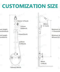 Diagram showing customization sizes for Wall Mount Outdoor Shower Kit With Handheld Spray, chrome finish, solid brass and SUS304.