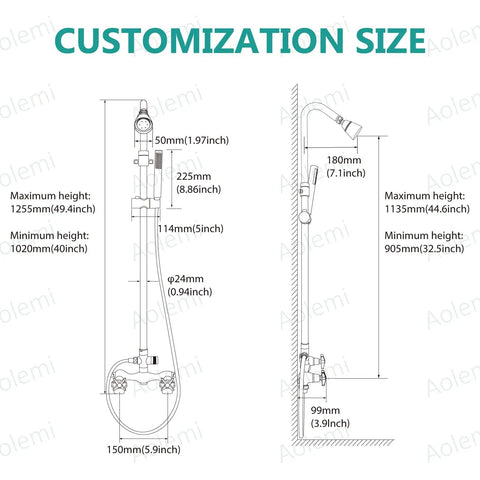 Diagram showing customization sizes for Wall Mount Outdoor Shower Kit With Handheld Spray, chrome finish, solid brass and SUS304.