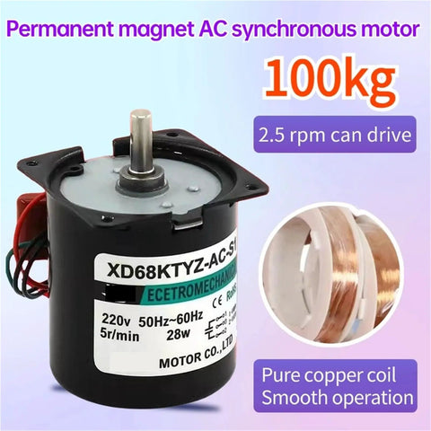28W 220V Small AC Motor With Low Speed Reversible Permanent Magnet Synchronous Drive Gear Reduction At 10 RPM