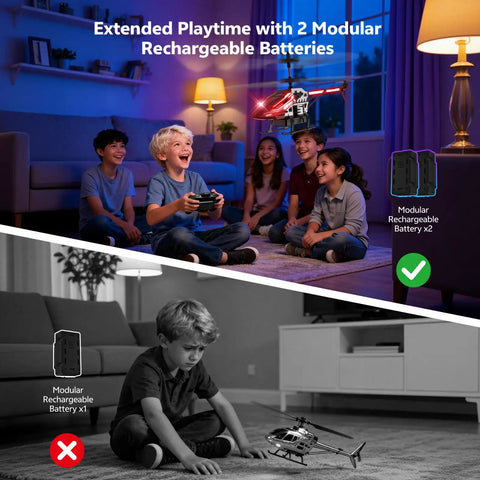 Kids RC Helicopter With Altitude Hold And One Button Takeoff Landing indoors with LED lights, children playing, 2 batteries shown