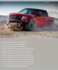Red Ford Super Duty truck driving off-road for Ford Mustang V8 281 4.6L compatibility list shown below.