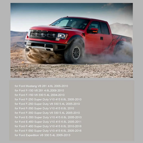 Red Ford Super Duty truck driving off-road for Ford Mustang V8 281 4.6L compatibility list shown below.
